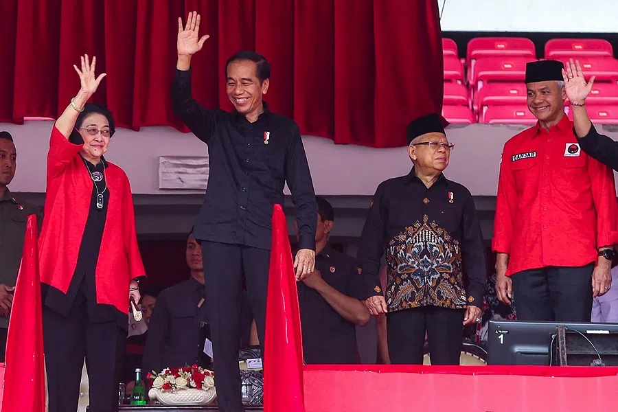 Indonesian President Joko Widodo (second from left), Vice President Maruf Amin (second from right), former President Megawati Sukarnoputri and presidential candidate Ganjar Pranowo (right) attend the celebration 'Sukarno's Month', founder of the nation, at the Bung Karno Stadium in Jakarta, Indonesia, 24 June 2023. (Gyl Batara/AFP)