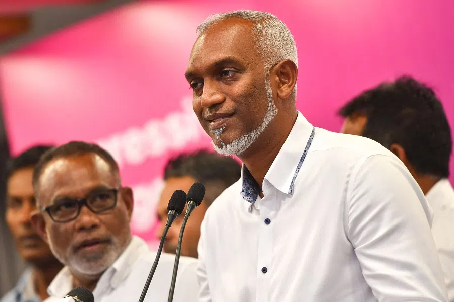 People's National Congress (PNC) candidate Mohamed Muizzu speaks during a press conference in Male on 30 September 2023. (Mohamed Afrah/AFP)