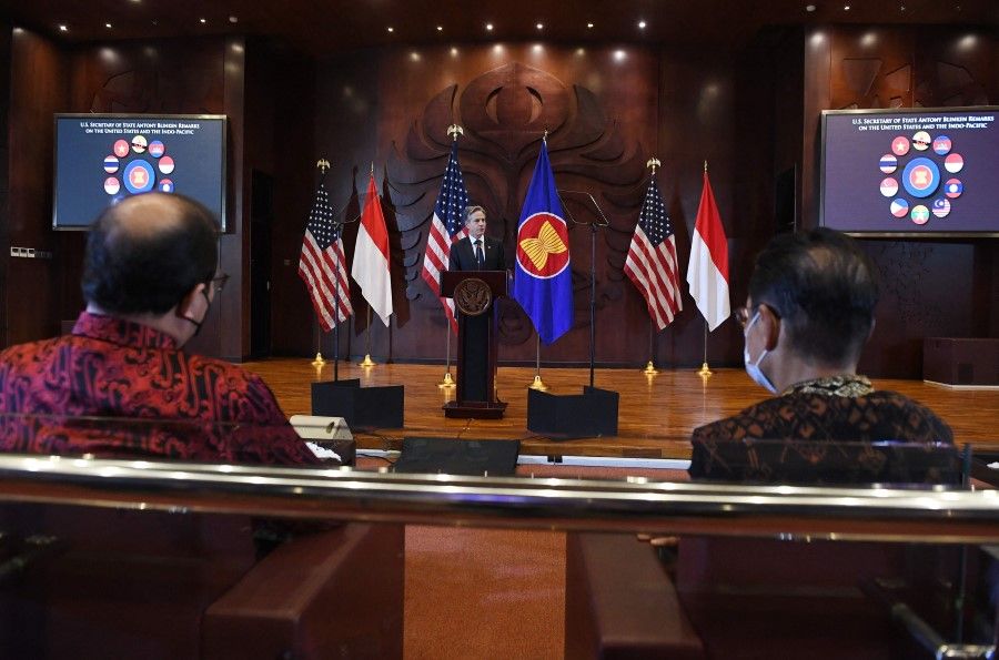 US Secretary of State Antony Blinken delivers remarks on the Biden administration's Indo-Pacific strategy at the Universitas Indonesia in Jakarta on 14 December 2021. (Olivier Douliery/AFP)