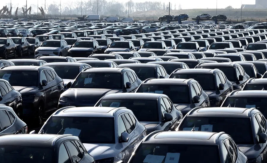 New cars, among them new China-built electric vehicles of the company BYD, are seen parked in the port of Zeebrugge, Belgium, on 24 October 2024. 