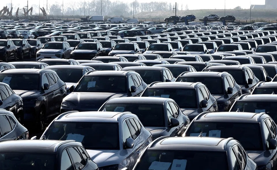 New cars, among them new China-built electric vehicles of the company BYD, are seen parked in the port of Zeebrugge, Belgium, on 24 October 2024.  (Yves Herman/Reuters)