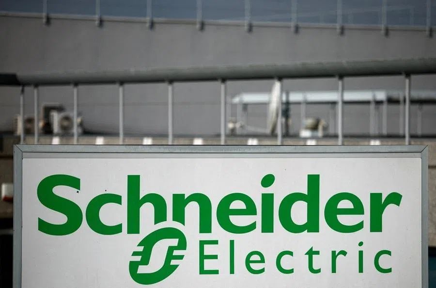 The logo of Schneider Electric is seen outside a company building in Nantes, France, on 6 March 2024.