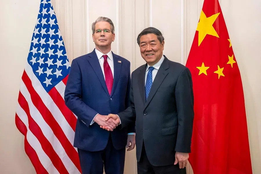 US Treasury Secretary Scott Bessent shakes hands with China’s Vice Premier He Lifeng during a meeting to discuss trade relations and tariffs, in Geneva, on 10 May 2025. (Martial Trezzini/AFP)