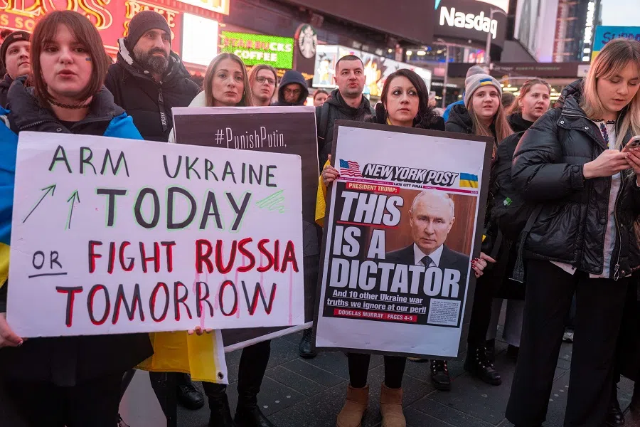 Supporters of Ukraine rally in Times Square to mark the three-year anniversary of the invasion by Russia on 24 February 2025 in New York City, US.