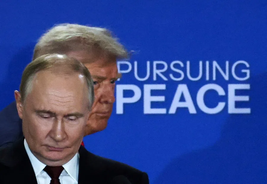 US President Donald Trump and Russian President Vladimir Putin hold a press conference following their meeting to negotiate an end to the war in Ukraine, at Joint Base Elmendorf-Richardson in Anchorage, Alaska, US, on 15 August 2025.