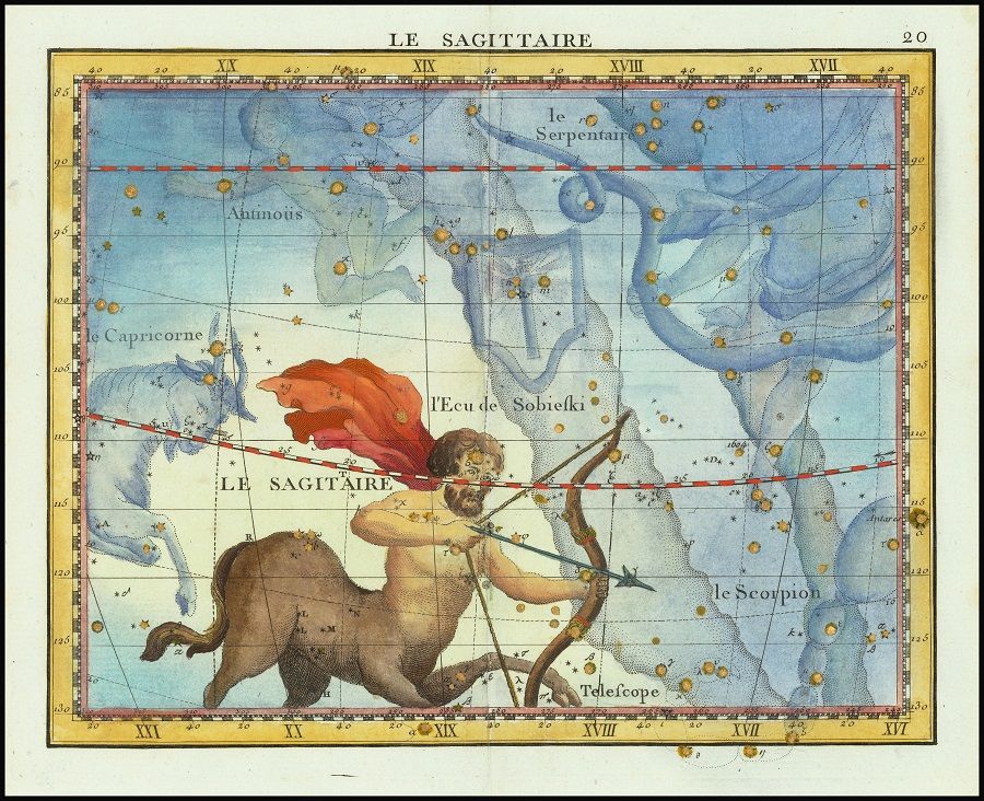 John Flamsteed, La Satittaire (Sagittarius), Paris,1795. Detailed star chart of the constellation Sagittarius and neighboring constellations. (Wikimedia)