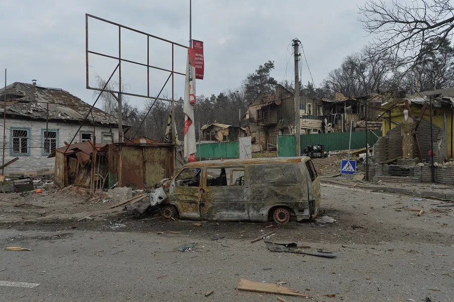 A view shows residential houses destroyed by shelling, as Russia's attack on Ukraine continues, in the village of Hostomel, in Kyiv region, Ukraine, 31 March 2022. (Oleksandr Klymenko/Reuters)