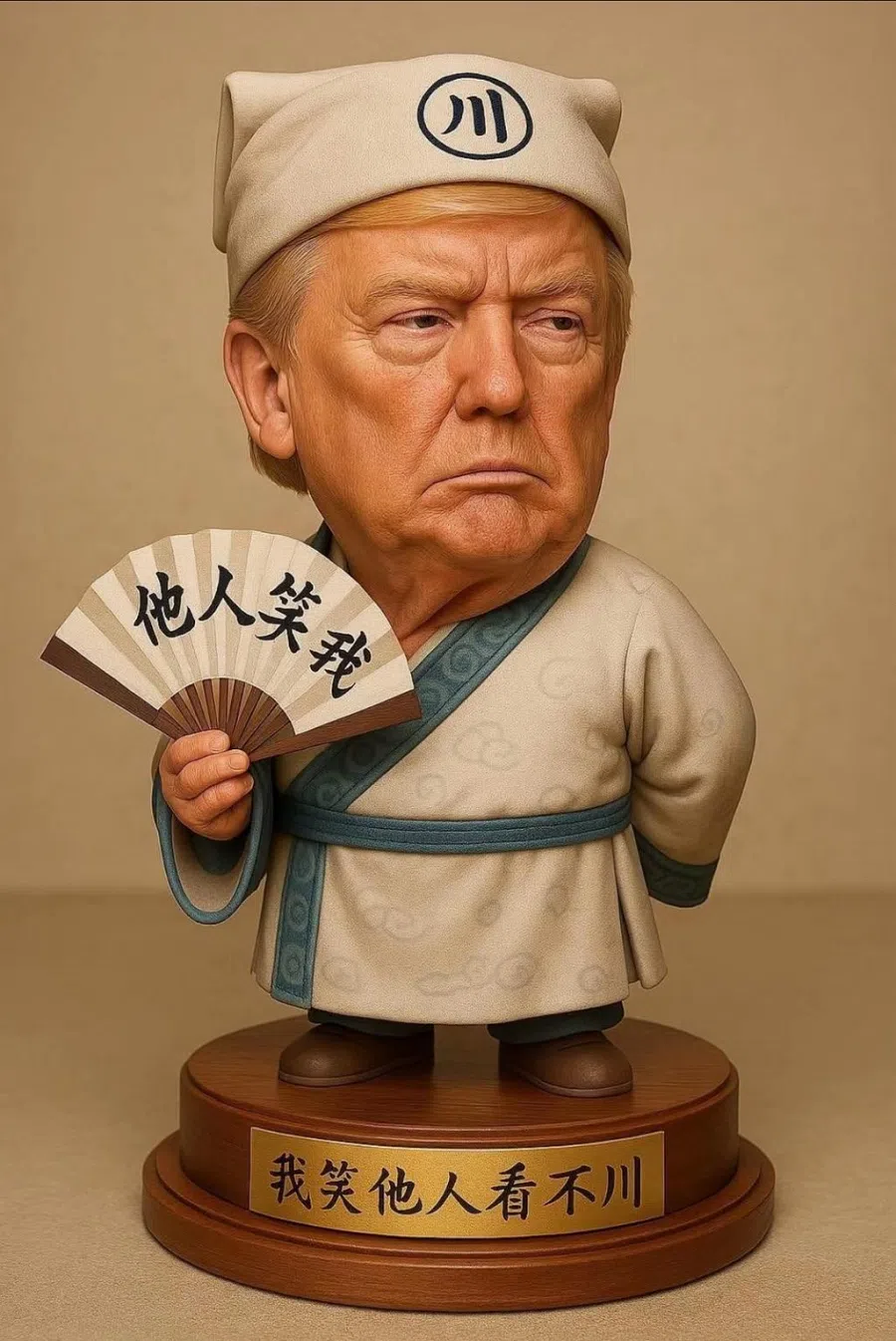 A figurine of Trump with a folding fan. (Internet)