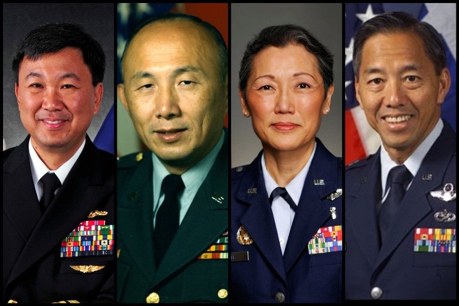 Prominent Asian Americans in the US military. From left: Rear Admiral Jonathan A. Yuen, Major General William S. Chen, Major General Carol A. Lee, Major General Darryll D.M. Wong. (US Navy website/history.redstone.army.mil/US Air Force website/US National Guard website)