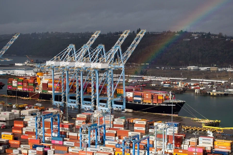 A rainbow over the Port of Tacoma in Tacoma, Washington, US, on 4 March  2025. US President Donald Trump delivered on his threat to hit Canada and Mexico with sweeping import levies and doubled an existing charge on China, spurring swift reprisals that plunged the world economy into a deepening trade war. (David Ryder/Bloomberg)