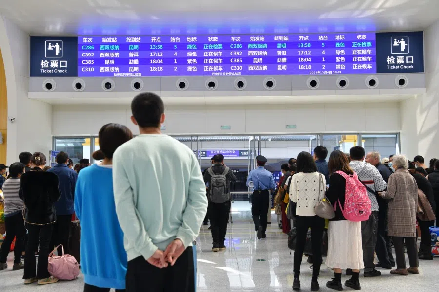 Commuters waiting for the Laos-China Railway at Xishuangbanna station, Jinghong city, Yunnan, 4 December 2021. (CNS)