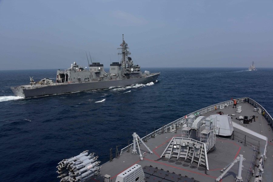 This handout photo taken and released by the Indian Navy on 3 November 2020 shows ships taking part in the Malabar exercise in the Bay of Bengal. India, Australia, Japan and the United States started a strategic navy drill on November 3 in the Bay of Bengal, with all four countries keeping a wary eye on China's growing military power. (Indian Navy/AFP)