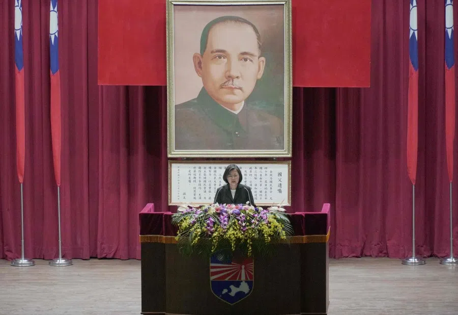 Taiwan's President Tsai Ing-wen speaks at a dug-out cave auditorium during a ceremony commemorating the 70th anniversary of the battle of Guningtou in Kinmen on October 23, 2019. (Sean Chang/AFP)