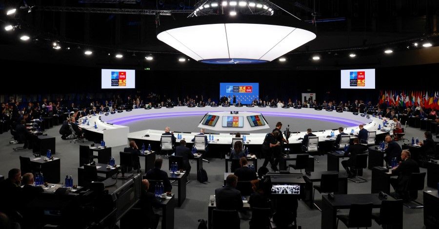 General view of the meeting of the North Atlantic Council Session at the NATO summit at the IFEMA arena in Madrid, Spain, 30 June 2022. (Jonathan Ernst/Reuters)