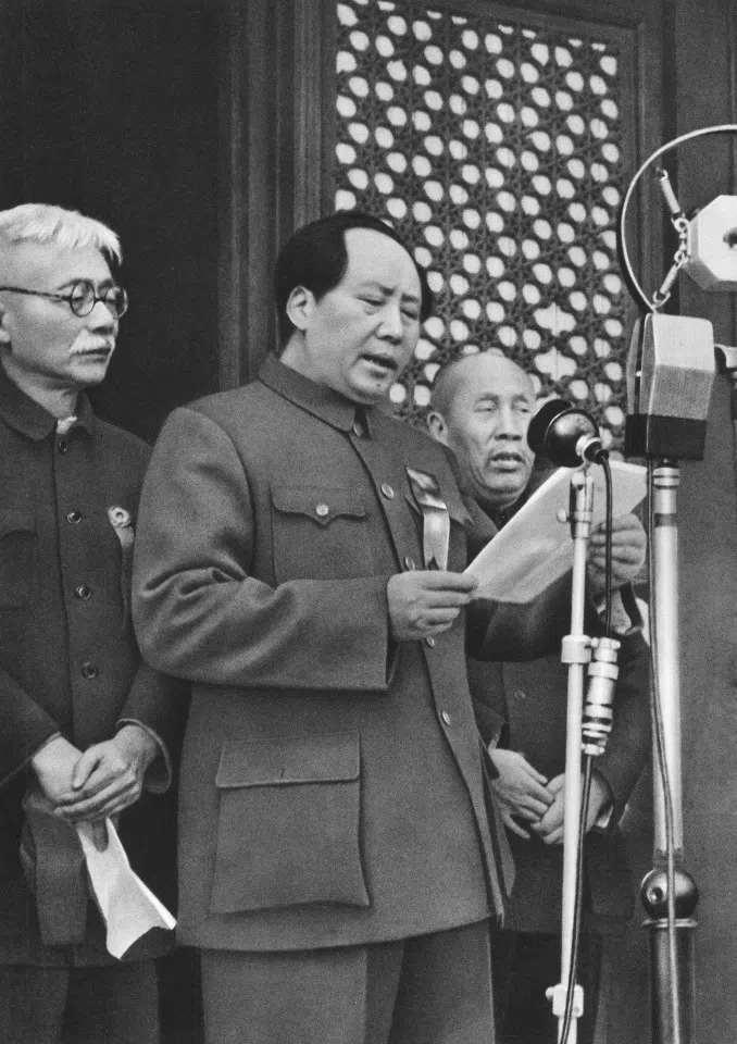 On 1 October 1949, Chairman Mao Zedong announced the establishment of the People's Republic of China at Tiananmen Square in Beiping (now Beijing).