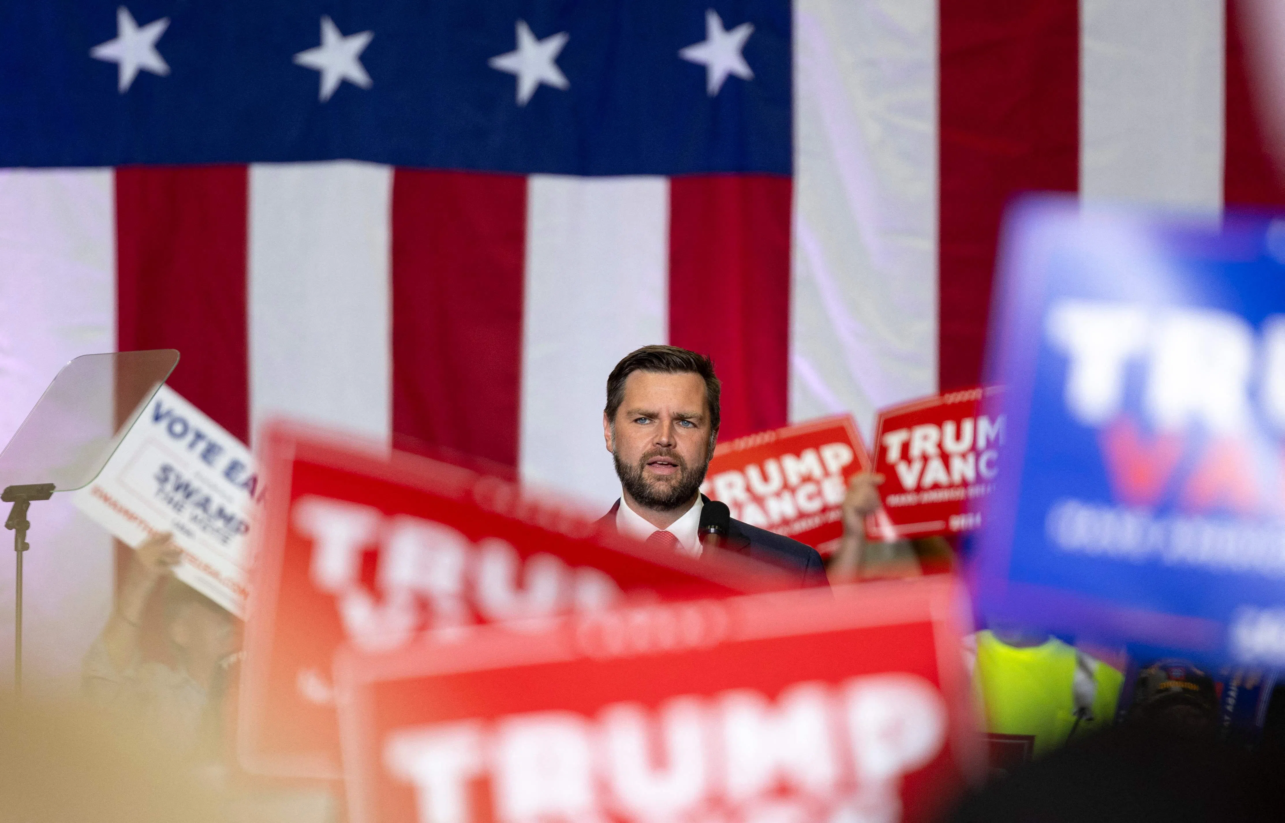 JD Vance addresses a crowd of supporters during a campaign event in Radford, Virginia, on 22 July 2024. (Logan Cyrus/AFP)