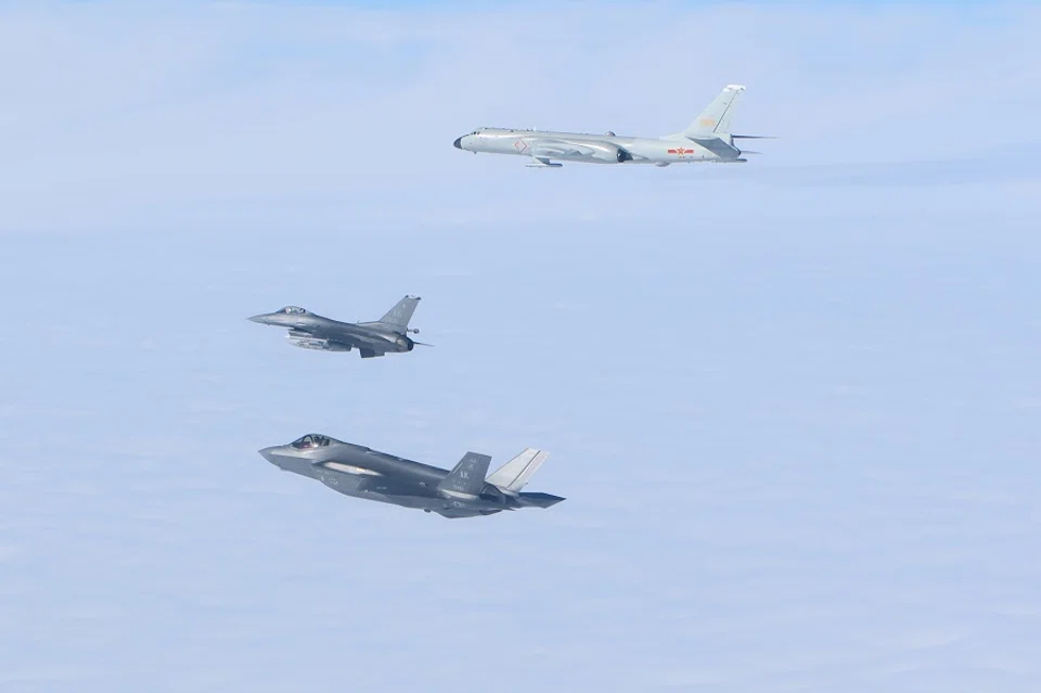 Jet fighters from the North American Aerospace Defense Command intercept a Chinese long-range H-6 bomber operating in the Alaska Air Defense Identification Zone (ADIZ) in Alaska, US on 24 July 2024. (US Department of Defense/Handout via Reuters)