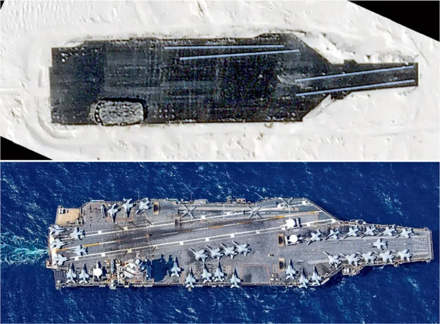 A satellite image taken by Planet Labs on 1 January 2024 showing what appears to be a replica of  the USS Gerald R. Ford in the PLA’s Taklamakan Desert target range. (Internet)
