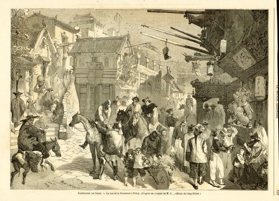 Etching from French publication Le Monde illustré in 1860, showing British and French officers in the crowded streets of Beijing. The British and French media presented a detailed picture of Beijing for the first time during the war, while the allied troops' sacking of the Old Summer Palace led to the loss of numerous Chinese treasures after they were brought overseas.