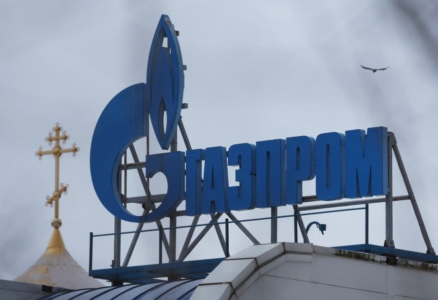 A view shows the Gazprom logo installed on the roof of building in Saint Petersburg, Russia, on 5 February 2024. (Anton Vaganov/Reuters)