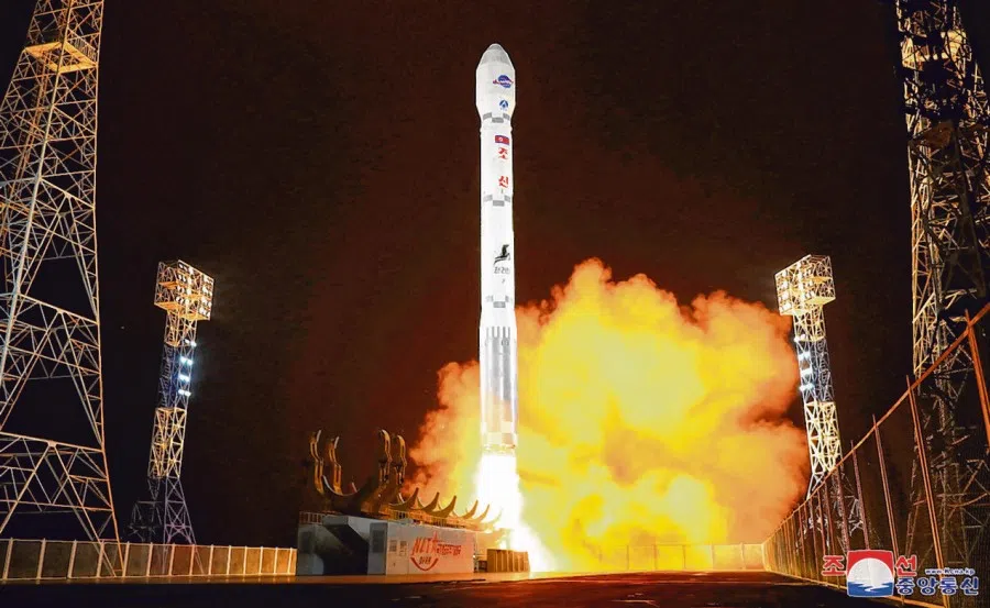A rocket carrying a spy satellite Malligyong-1 is launched, as North Korean government claims, in a location given as North Gyeongsang province, North Korea in this handout picture obtained by Reuters on 21 November 2023. (Korean Central News Agency via Reuters)