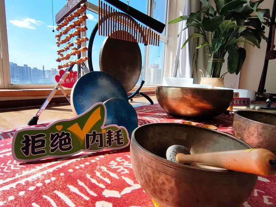 Singing bowls, rainsticks and gongs are used during a sound therapy session to help clients relieve stress and anxiety.