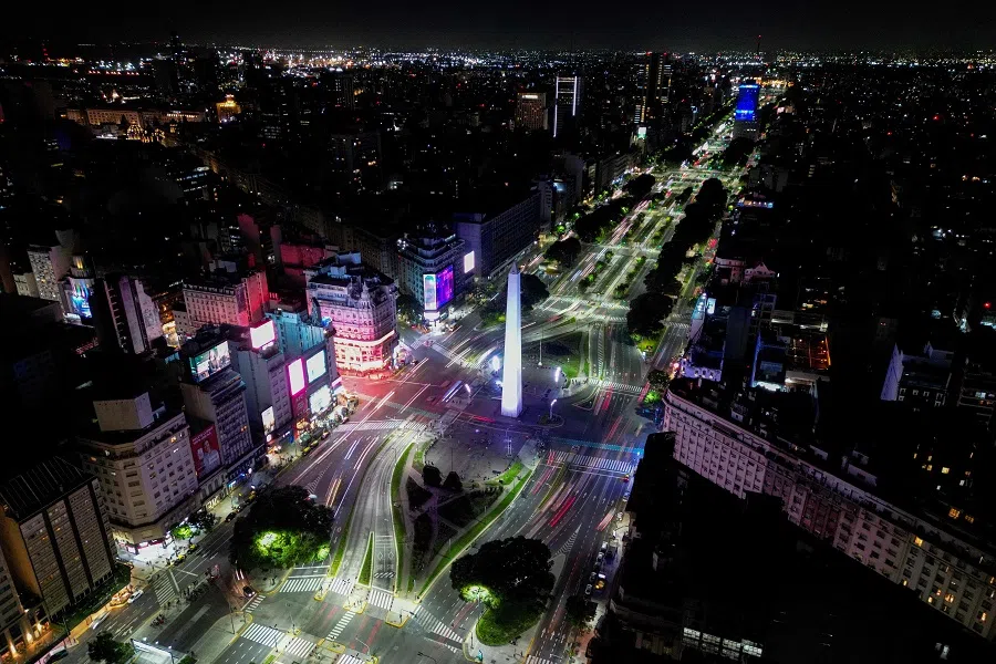 Aerial view of the Obelisk on 9 de Julio Avenue in Buenos Aires on 19 January 2024. (Luis Robayo/AFP)
