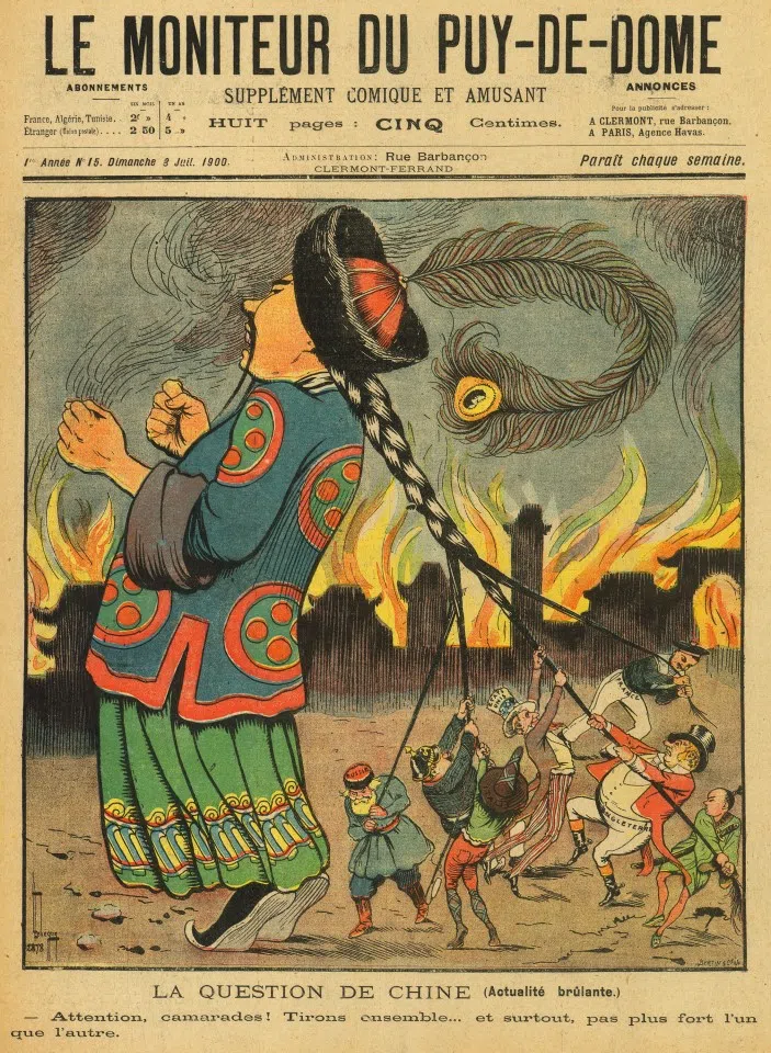 An illustrated write-up on the cover of French publication Le Moniteur de Puy-de-Dome, 8 January 1900. The headline reads "The China Question", while the text says, "Here, comrades! Pull together... but no one pull stronger than the others." This is reflective of the attitude of the Western powers in dealing with China - to pull the Chinaman's queue all together.