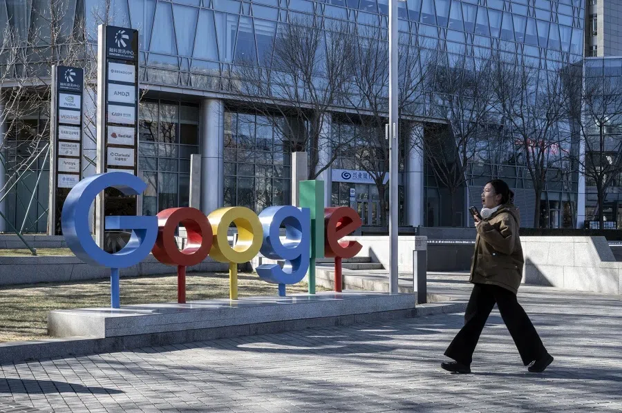 Signage for Google outside the company’s offices in Beijing, China, on 5 February 2025. China announced an investigation into Google and new tariffs on a range of US products in an apparent retaliatory move, moments after President Donald Trump slapped a 10% tariff on Beijing reigniting a trade war between the world’s largest economies. (Bloomberg)
