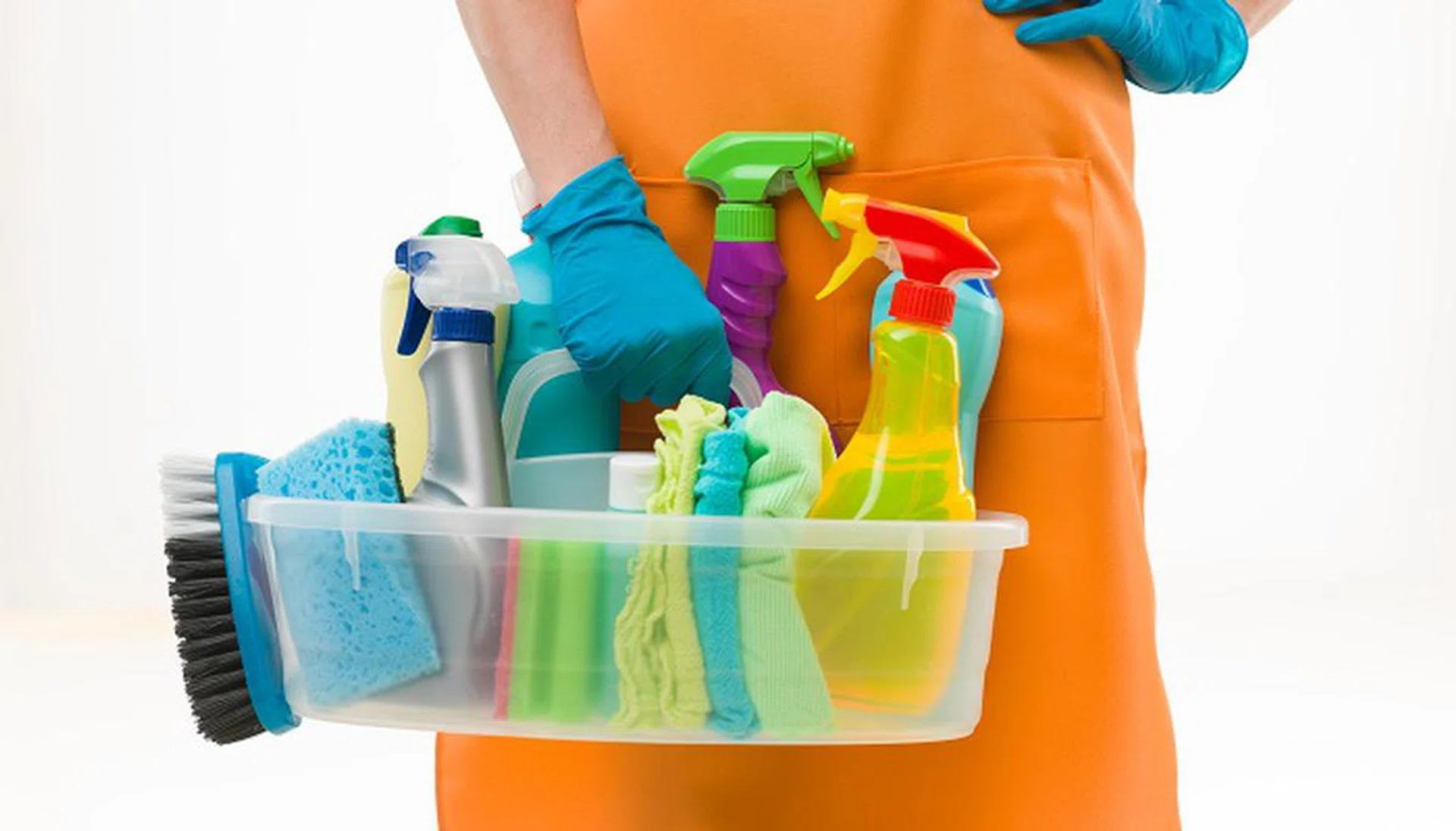 36919975 - close-up of caucasian woman holdinh basin with cleaning supplies, on white background