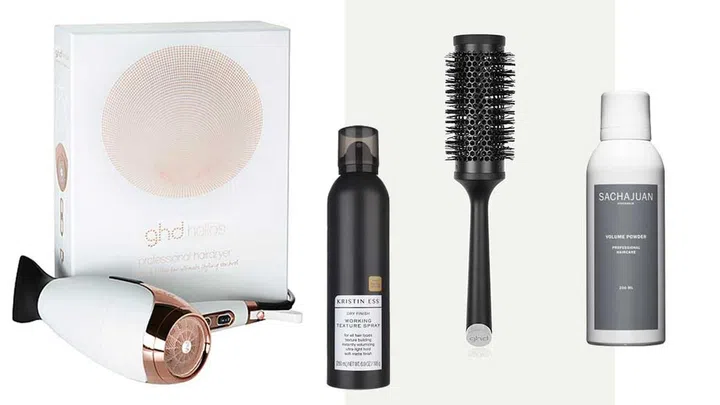 GHD Helios Professional Hairdryer ($295); Kristin Ess Dry Finish Working Texture Spray ($27); GHD Ceramic Vented Radial Brush - Size 3 ($51); Sachajuan Volume Powder Volumiser Spray ($38) 