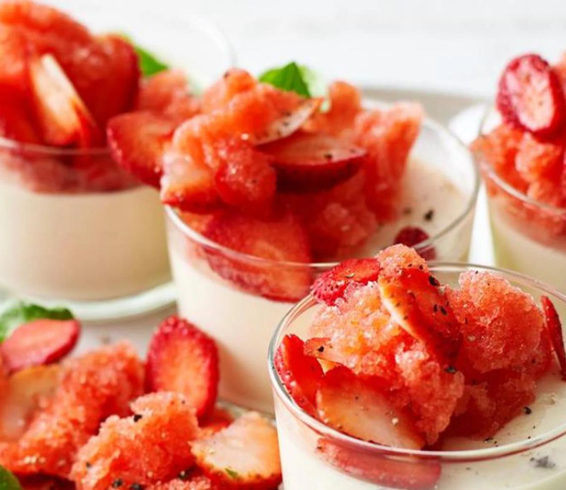 Black Pepper Panna Cotta With Strawberry & Basil Granita