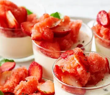 Black Pepper Panna Cotta With Strawberry & Basil Granita