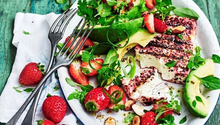 Grilled Feta Strawberry & Herb Salad