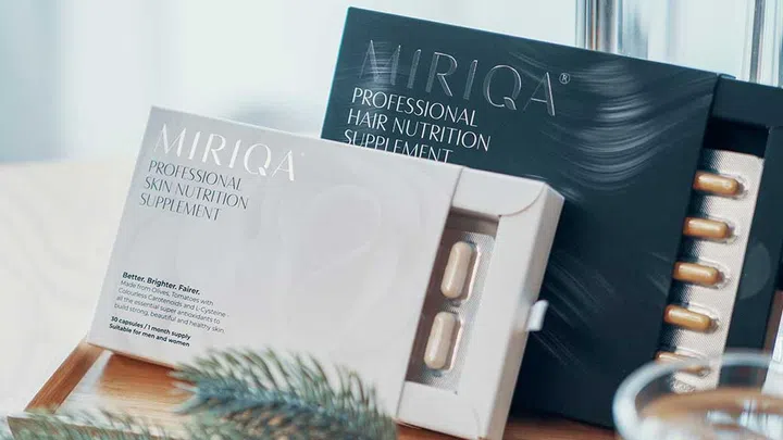 The Miriqa Professional Skin Nutrition Supplement ($138 per box) is made with natural ingredients to brighten the skin, minimise pimple or acne flare-ups, and protect the skin from UV sun damage.