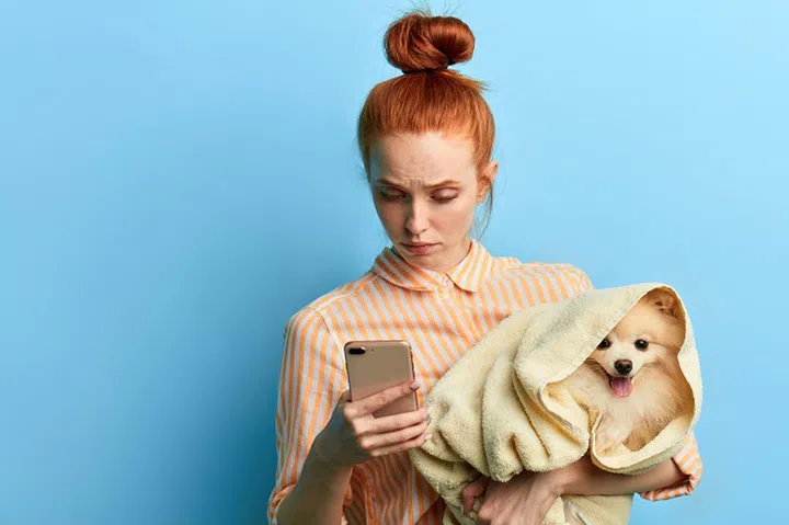 unhappy sad red-haired woman holding a towel with a dog and making a phone call, girl waiting for a vet, as her dog is ill. isolated blue background, studio shot.depression