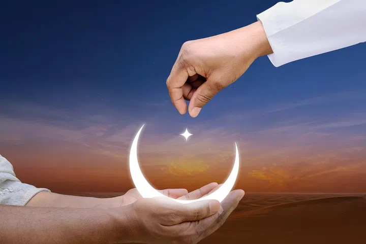 Eid al-Fitr and Ramadan concept background. Giving zakat or sadaqah to poor people Islamic concept background.