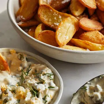 Twice-Cooked Crispy Kipfler Potatoes With Gribiche Sauce