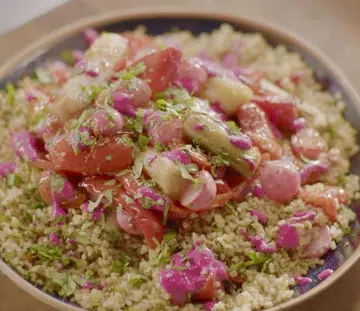 Spiced Bulgur Wheat With Roast Vegetables & Beetroot Sauce