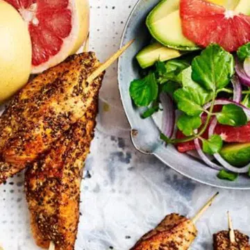 Salmon Skewers With Indian Spices & Salad