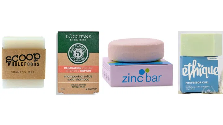 Scoop Shampoo Bar Soap ($8.50), L'Occitane Solid Shampoo ($21), DermaHarmony ($32.30), Ethique Solid Shampoo Bar ($38.77)