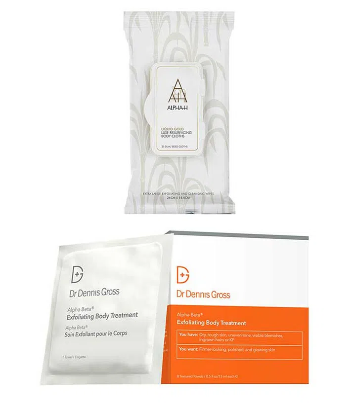 Acid body wipes include Alpha H's Liquid Gold Body Wipes and Dr. Dennis Gross' newly-launched Alpha Beta Exfoliating Body Treatment wipes (in a set of eight wipes)