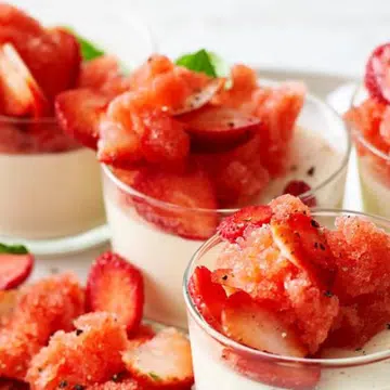 Black Pepper Panna Cotta With Strawberry & Basil Granita