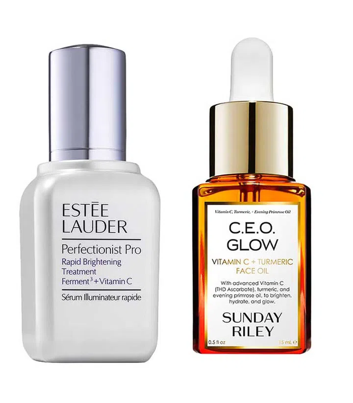 From left: Estée Lauder Perfectionist Pro Rapid Brightening Treatment with Ferment3 + Vitamin C ($135); Sunday Riley C.E.O. Glow Vitamin C Turmeric Face Oil ($61). Photo from Sephora SG