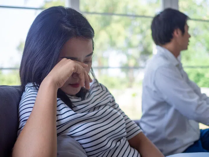 The young married couple felt depressed and resentful and sad after a fight. Untrustworthy Relationship and Unfaithful Husband Behavior. Concepts of marriage problems and love problems