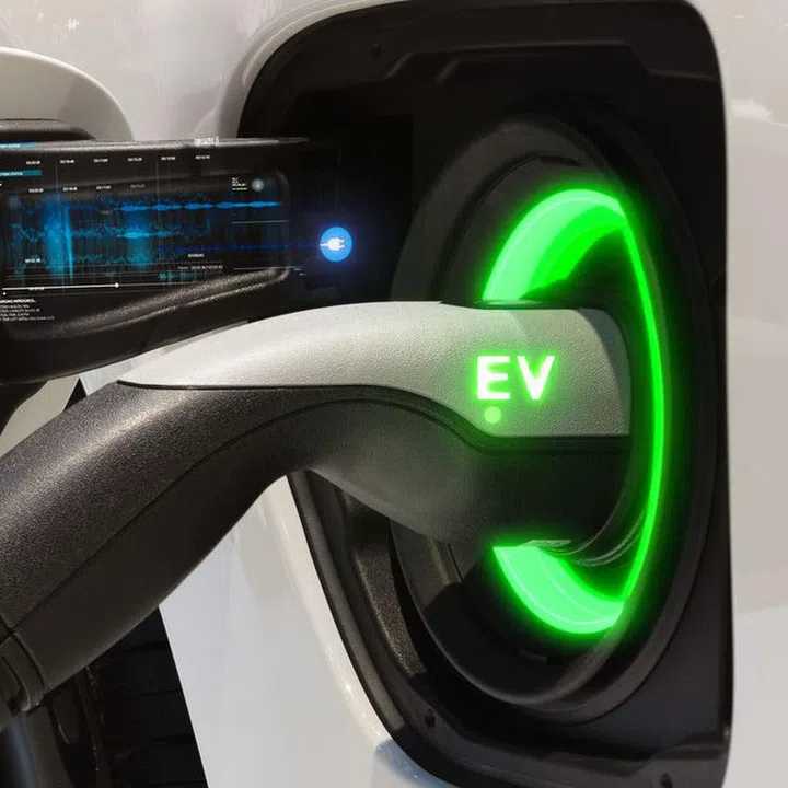 Electric vehicle changing on street parking with graphical user interface, Future EV car concept
