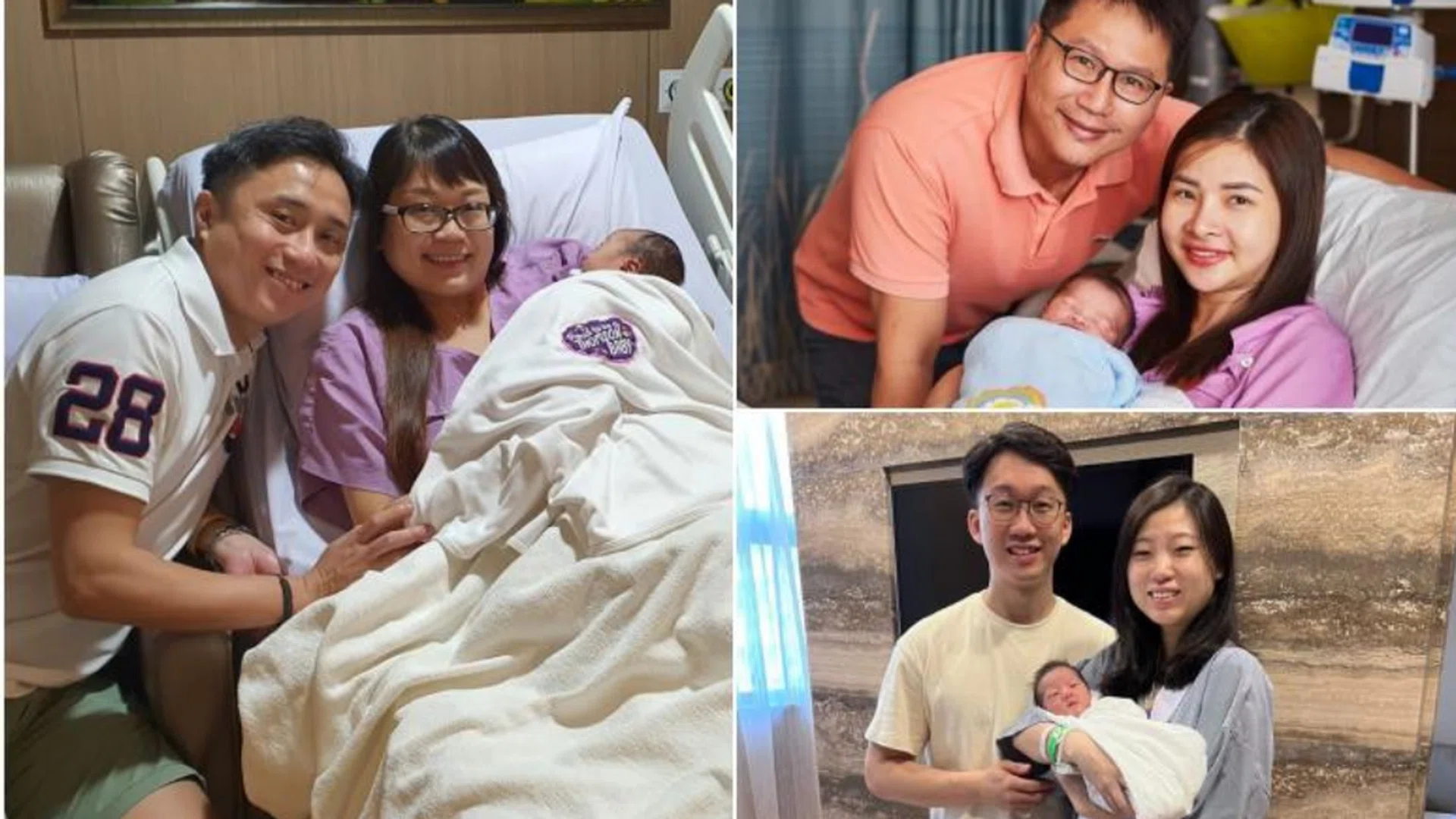 (Clockwise from left) Ariele Shi with parents Mr Shi Zhi Sheng and Madam Ong Ai Juan, Bryan Tan with parents Mr Tan Jin Kiat and Ms Rose Nguyen and Heather Hu with parents Mr Hu Siyu and Ms Jaslyn Ang. PHOTOS: THOMSON MEDICAL CENTRE, MTALVERNIAHOSPITAL /FACEBOOK, GLENEAGLES HOSPITAL