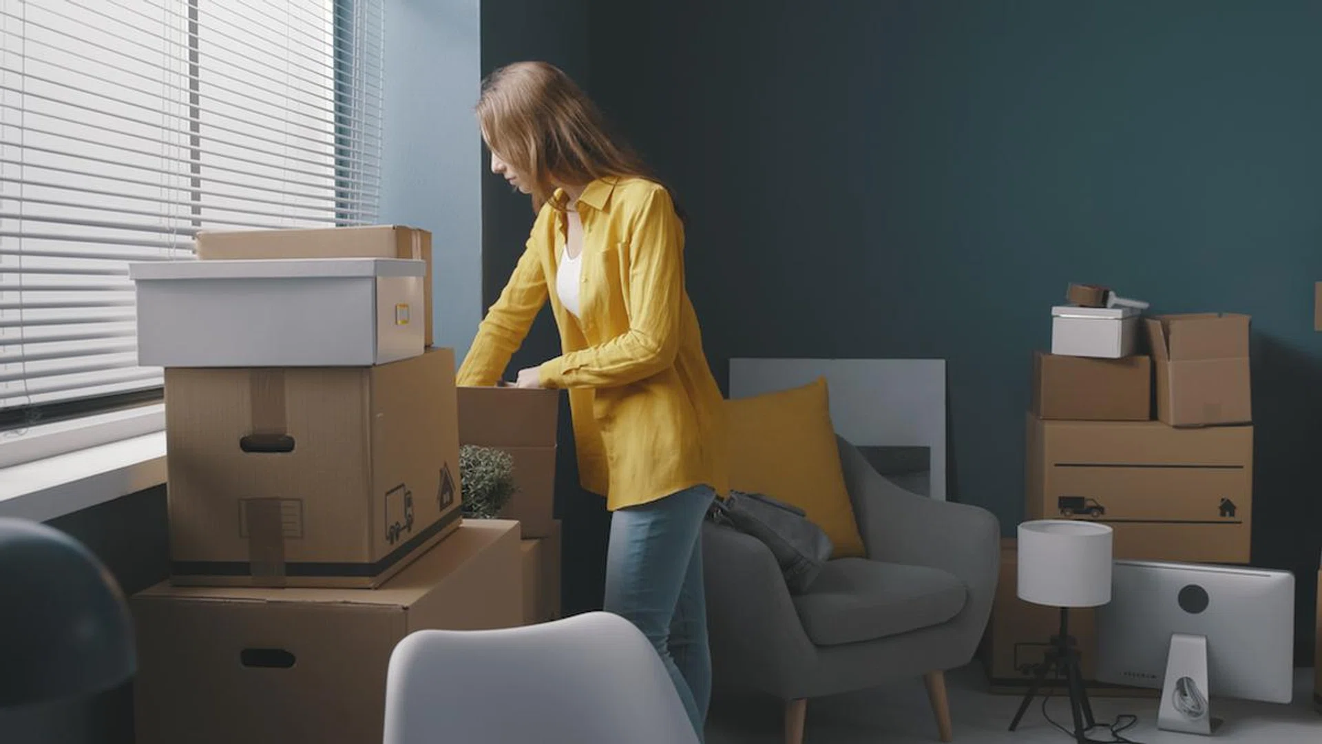 Woman moving in a new house, she is unboxing her items and searching in cardboard boxes