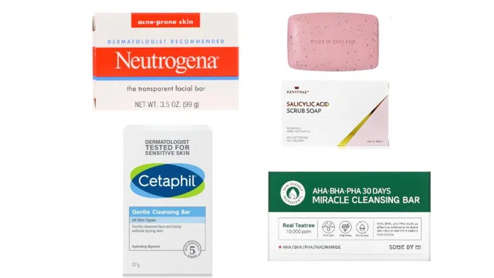 Neutrogena Transparent Face Bar ($5.91), Cetaphil Gentle Cleansing Bar ($13.20), Salicylic Acid Rub ($10.99), Some by Mi Exfoliation Face Bar ($14.46)