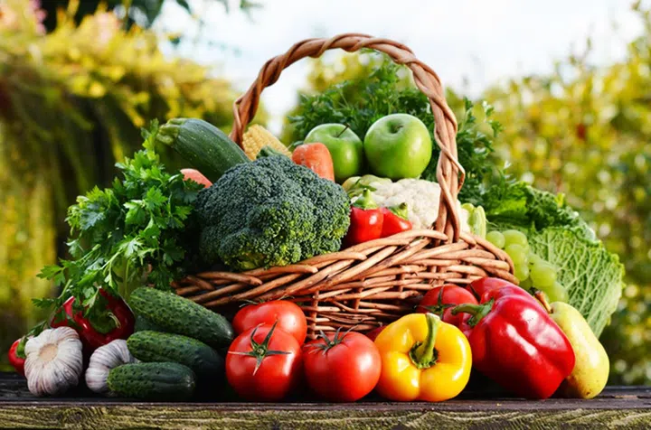 Wicker basket with assorted raw organic vegetables in the garden.